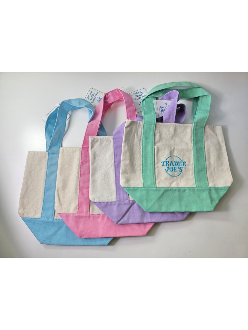 Spring 2026 Trader Joe’s Viral Mini Pastel Canvas Tote Bag Set Of 4 NWT
